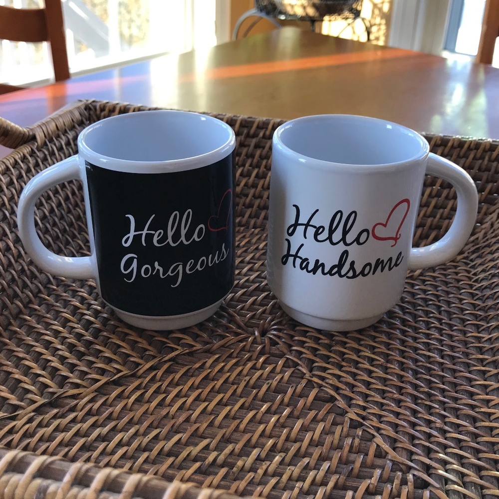 Pair of Hello Gorgeous Hello Handsome Black and White Red Heart Mugs Coffee Tea